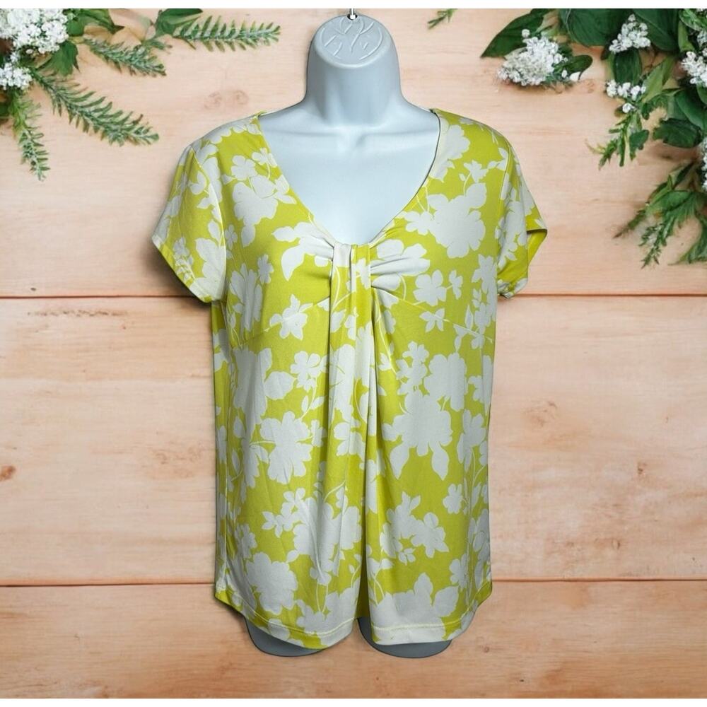 Rafaella Yellow Floral Blouse Sz M V-Neck Top Draped Front Short Sleeve